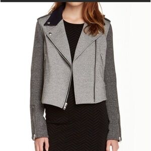 Theory Wool Combo Adashi K Moto Jacket Black & Grey Collared Full Zip Large